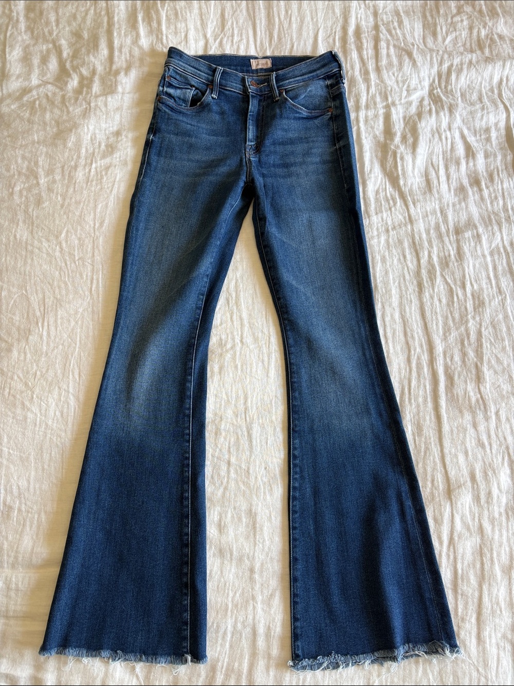 MOTHER Dark Blue Flare Jeans with Raw Hem